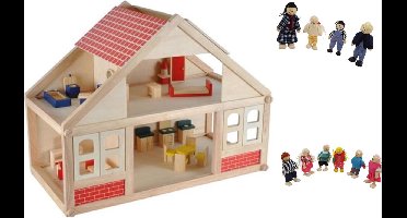 Playwood houten poppenhuis inclusief 25 meubeltjes en 10 buigpoppen