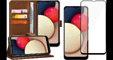 Hoesje geschikt voor Samsung Galaxy A02s - Screen Protector FullGuard - Book Case Kunstleer Pasjeshouder Bruin & Screenprotector