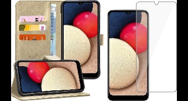 Hoesje geschikt voor Samsung Galaxy A02s - Screen Protector GlassGuard - Book Case Kunstleer Pasjeshouder Goud & Screenprotector