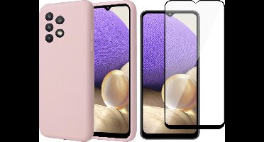 Hoesje geschikt voor Samsung A32 5G - Siliconen Case Cover Hoes Roze + Screen Protector Glas Full