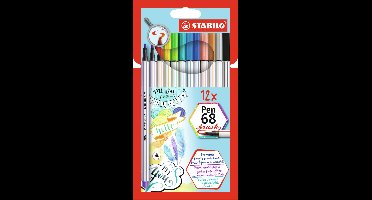STABILO Pen 68 - Premium Brush Viltstift - Met Flexibele Penseelpunt - Etui Met 12 Verschillende Kleuren