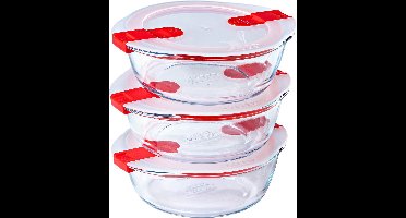 Pyrex - Cook & Heat Schaal Rond met Deksel 1,1 liter Set van 3 Stuks - Transparant/Rood/Wit