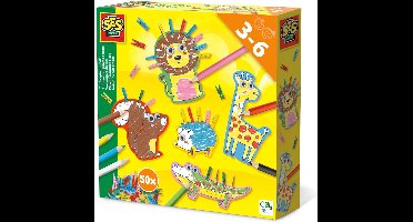 SES - Wasknijper dieren - dierenfiguren kleurplaten - met 8 kleurpotloden, 50 gekleurde mini knijpers en wiebeloog stickers