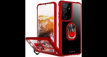 Hoesje Geschikt Voor Samsung Galaxy S21 Ultra hoesje - Premium Shock Proof hoesje transparant Rood randen backcover case met kickstand - Hoesje Geschikt Voor Samsung Galaxy S21 Ultra hoesje met Ring houder / Ring vinger houder / standaard