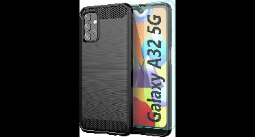 Hoesje Geschikt Voor Samsung Galaxy A32 hoesje Geborsteld Zwart - Galaxy A32 5G siliconen Carbon Fiber Optics - Brushed Silicone Colour TPU Cover - Galaxy A32 Screenprotector 2 pack