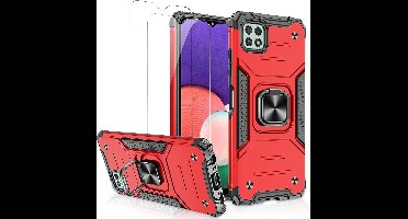 Hoesje Geschikt Voor Samsung Galaxy A22 Hoesje Heavy Duty Armor Hoesje Rood - Galaxy A22 4G Case Kickstand Ring cover met Magnetisch Auto Mount- Hoesje Geschikt Voor Samsung Galaxy A22 4G screenprotector 2 pack