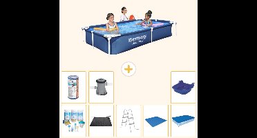 Bestway Rechthoekig Steel Pro Zwembad - 221 x 150 x 43 cm - Blauw - Inclusief Onderhoudspakket - Solar Mat - Ladder - Grondzeil - Filter - Afdekzeil - Voetenbad - Zwembadfilterpomp - 9-delig