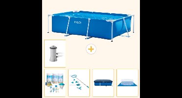 Intex Rechthoekig Frame Zwembad - 300 x 200 x 75 cm - Blauw - Inclusief Onderhoudspakket - Schoonmaakset - Afdekzeil - Grondzeil - Zwembadfilterpomp - 6-delig