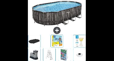 Bestway Ovaal Power Steel Zwembad - 610 x 366 x 122 - Grijs - Inclusief Pomp - Ladder - Afdekzeil - Onderhoudspakket - Verlichting - 8-delig