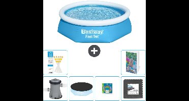 Bestway Rond Opblaasbaar Fast Set Zwembad - 244 x 61 cm - Blauw - Inclusief Pomp - Afdekzeil - Speelgoed - Vloertegels - 7-delig