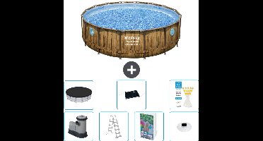Bestway Rond Power Steel Swim Vista Zwembad - Houtprint - 488 x 122 - Inclusief Pomp - Ladder - Afdekzeil - Solar Mat - Verlichting - 8-delig