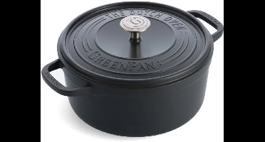 GreenPan Featherweights Braadpan 26cm - 5.3L - Zonder PFAS-vrije antikleeflaag - Braadpan inductie - Ovenbestendig tot 230°C - Geëmailleerd gietijzer - Met deksel - Zwart