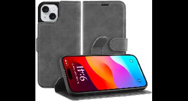 Just in Case hoesje geschikt voor iPhone 15 Plus Hoesje met Pasjeshouder - Premium Bookcase - Grijs