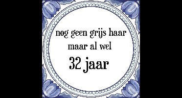 Verjaardag Tegeltje met Spreuk (32 jaar: Nog geen grijs haar, maar al wel 32 jaar + cadeau verpakking & plakhanger