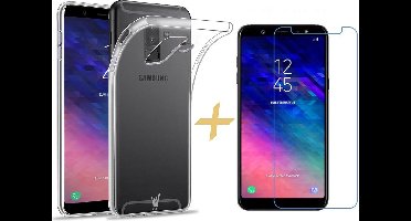 Hoesje geschikt voor Samsung Galaxy A6 (2018) Hoesje Transparant TPU Siliconen Soft Gel Case + Tempered Glass Screenprotector - van iCall
