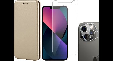 Hoesje geschikt voor iPhone 13 Pro - Portemonnee Book Case - Goud - Met Screenprotector en Camera Screen Protector
