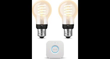 Philips Hue Starterspakket - E27 - met 2 Filament Standaard Lampen (A60) - Warm tot Koelwit Licht - Incl. 1 Hue Bridge - Hue White Ambiance Filament