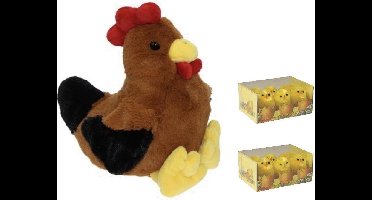 Decoris Pluche bruine kippen knuffel - 25 cm - met 12x stuks mini kuikentjes 3.5 cm - Paas/pasen decoratie