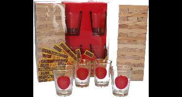 MikaMax Vallende Toren Drankspel - Studenten Spel - Shotjes - Incl. 4 Shotglazen - 60 Blokjes Bedrukt met Opdrachten