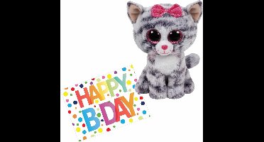 Pluche knuffel kat/poes Ty Beanie Kiki 15 cm met A5-size Happy Birthday wenskaart - Verjaardag cadeau setje