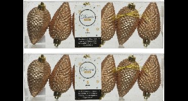 Decoris Kersthangers dennenappels - 24x - toffee bruin - glitter - 8 cm - kunststof - kerstversiering