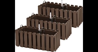 3x stuks fence-look plantenbak/bloembak - kunststof - 38 x 18 x 16 cm - bruin - hangend - voor binnen en buiten