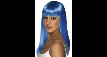 Smiffys Glamour pruik stijl lang haar - neon blauw - dames - carnaval verkleed pruiken - carnaval