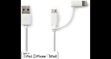 Nedis 2-in-1-Kabel - USB 2.0 - USB-A Male - Apple Lightning 8-Pins / USB Micro-B Male - 480 Mbps - 1.00 m - Vernikkeld - Rond - PVC - Wit - Polybag