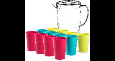 Stevige sapkan/water/schenkkan karaf met deksel 2 liter set met 12x kunststof multicolor drinkglazen 360 ml