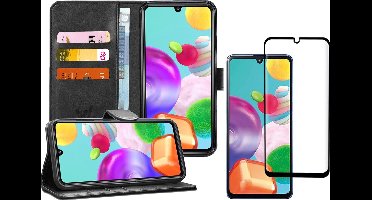 Hoesje geschikt voor Samsung Galaxy A41 - 2x Screen Protector GlassGuard - Book Case Kunstleer Pasjeshouder Zwart & Screenprotector