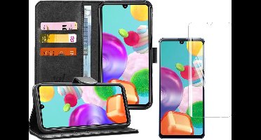 Hoesje geschikt voor Samsung Galaxy A41 - Screen Protector GlassGuard - Book Case Kunstleer Pasjeshouder Zwart & Screenprotector