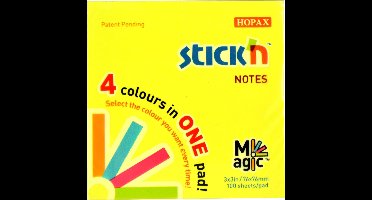 Memoblok Magic Stick'n - 76x76mm - 4 Kleuren - Neon Geel/Blauw/Roze/Groen - 100 Memoblaadjes