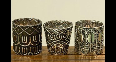 Theelichten  - 3 set - XL - Glas - waxinehouders - oud zilver - Ø 10cm