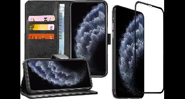 Hoesje geschikt voor iPhone 11 Pro Max - Zwart Book Cover Kunstleer Wallet + Screenprotector Glas FullGuard