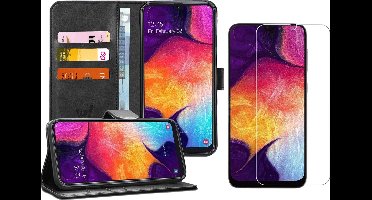 Hoesje geschikt voor Samsung A50 en Screenprotector - Book Case Kunstleer Wallet Zwart + Screen Protector
