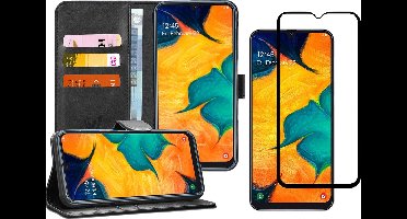 Hoesje geschikt voor Samsung Galaxy A30 - Screen Protector FullGuard - Book Case Kunstleer Pasjeshouder Zwart & Screenprotector