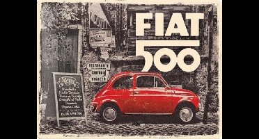 Fiat 500 Red car in the street. Metalen wandbord in reliëf 30 x 40 cm