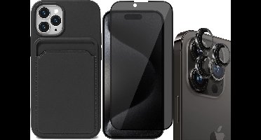 Hoesje Pasjeshouder geschikt voor iPhone 15 Pro - Privacy Screenprotector FullGuard + Camera Lens Screen Protector Zwart - Siliconen Case Back Cover Zwart