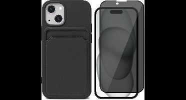 Hoesje Pasjeshouder geschikt voor iPhone 15 - Privacy Screenprotector FullGuard - Siliconen Case Back Cover Zwart & Screen Protector