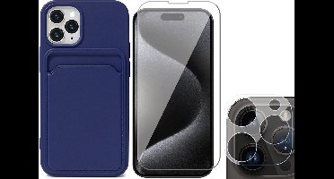 Hoesje Pasjeshouder geschikt voor iPhone 15 Pro - Screenprotector GlassGuard + Camera Lens Screen Protector - Siliconen Case Back Cover Blauw