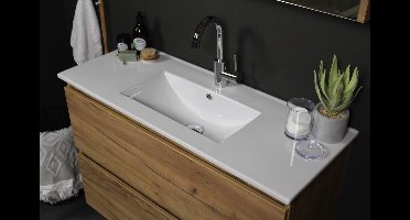 Basic Start 39 badmeubelset met greeploze wastafelonderkast met 2 lades en porseleinen wastafel met 1 kraangat 100 x 39 cm, whisky oak