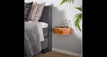 Nachtkastje Curve Zwevend Acaciahout met 1 Lade en Schap - Elegant Rond Design - Wandschap - 40x20x12 cm - Hangend nachtkastje