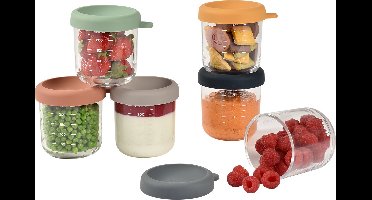 Beaba Set Glazen Bewaarpotjes - 6x 250 ml - Hermetisch Afsluitbaar - Sunrise Colormix - Geschikt voor Vriezer & Magnetron - Microgolfoven