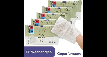 Abena Vochtige Washandjes Wegwerp - Geparfumeerd - 25 Washandjes - Voordeelverpakking 5 x 5 washandjes - Wassen en opfrissen zonder water en zeep - Droogt Snel, geen Handdoek Nodig - Opwarmbaar in de Magnetron - Perfect voor Thuis en Onderweg