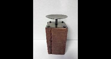 Kandelaar - 22.5cm - Blok - industrieel - 1 stomp kaars - RVS - Hout Ø 11cm.