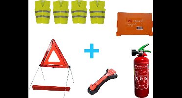 8-delige veiligheidsset - Veilig onderweg - 4x Geel hesje - Gevarendriehoek - Veiligheidshamer - Verbandkoffer B - Schuimblusser ABF 2 liter