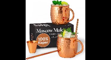 Gadgy Moscow Mule Bekers Set - 100% Koper - Cocktailset : 2 Cocktailglazen, 2 Rietjes & 1 Barmaatje