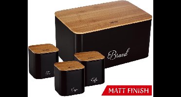 Kinghoff 1586 - Broodtrommel met voorraadbussen - Staal / bamboe - zwart