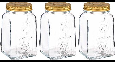 Pasabahce Voorraadpot/bewaarpot Square - 3x - glas - 1L - transparant/goud - D10 x H17 cm - voedsel bewaren