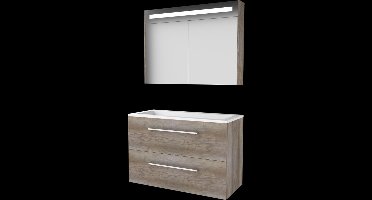 Basic Premium 46 badmeubelset met spiegelkast met geïntegreerde LED verlichting, wastafelonderkast met grepen, 2 lades en acryl wastafel zonder